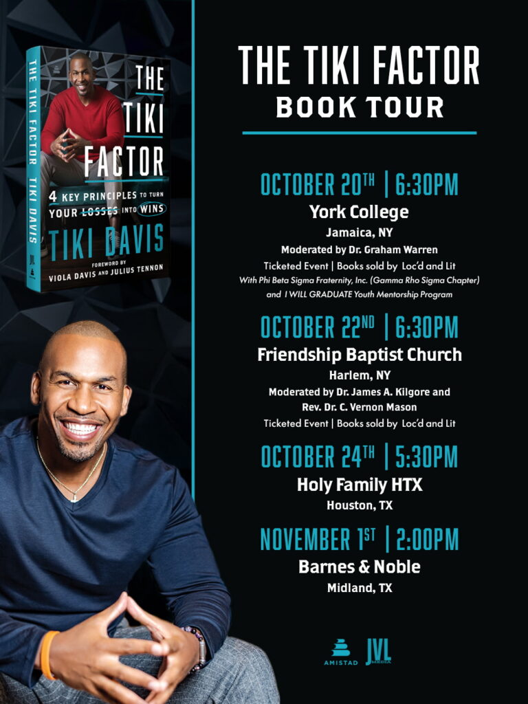 The Tiki Factor book tour flyer: York College October 20, Friendship Baptist Church October 22, Holy Family HTX October 24, and Barnes & Noble Midland November 1, 2026. Event details are provided in the listing text.